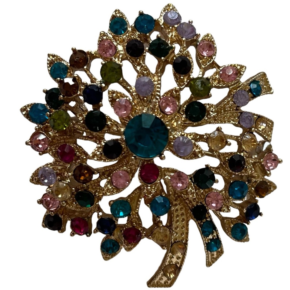 Napier Gold Tone Flower Brooch with Multi Color Rhinestones